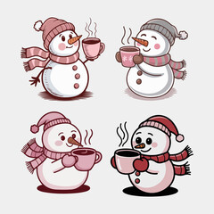 Christmas Snowman With Cup Of Coffee vector set clipart.