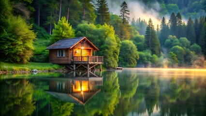 Tranquil Lakeside Cabin with Lush Greenery and Reflective Waters