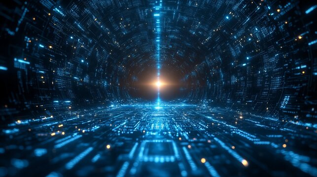 Futuristic Digital Tunnel with Glowing Blue Lines and Light Burst