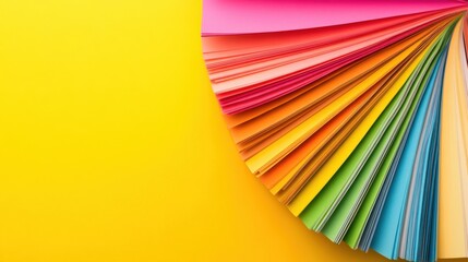 Colorful fan of paper sheets, with a yellow background creating a vibrant contrast
