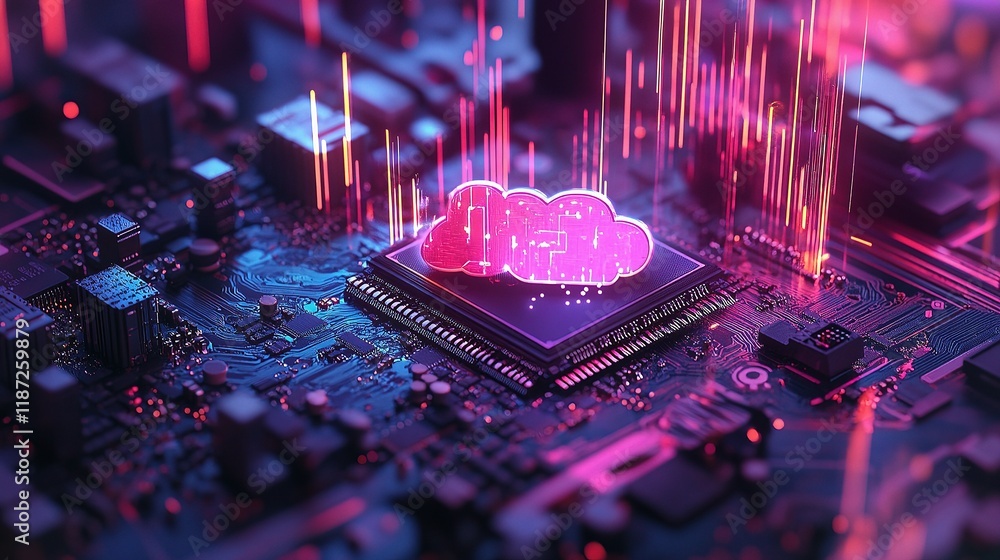 Poster cloud data storage concept with upload symbol and digital circuitry
