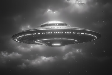 Obraz premium Black and white photograph of a UFO in a dramatic sky, evoking mystery and intrigue, perfect for sci-fi or retro-themed projects