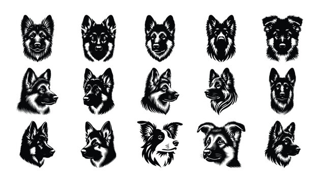 Black and white vector of German shepherd dog head, dog head silhouette, dog vector icon, dog icon SVG, dog vector