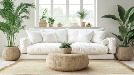 Interior with sofa, plants, and rug before window, for home decor.