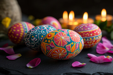 Group of painted eggs with flowers on them. There are five eggs in total. The eggs are arranged on a black surface with some pink flowers in the background