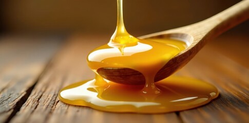 Golden honey dripping from honeycomb, wooden spoon , nature, honey comb
