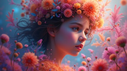 a colorful picture of a girl in flowers and feathers.