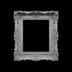 Ornate white picture frame, Baroque style, Intricate floral carvings, Rococo design, Empty black center, Square shape, High contrast, Detailed relief work, Symmetrical pattern, Antique appearance, Dec