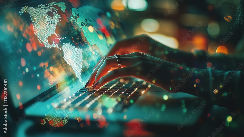 Poster double exposure of woman's hands typing on computer with data overlay