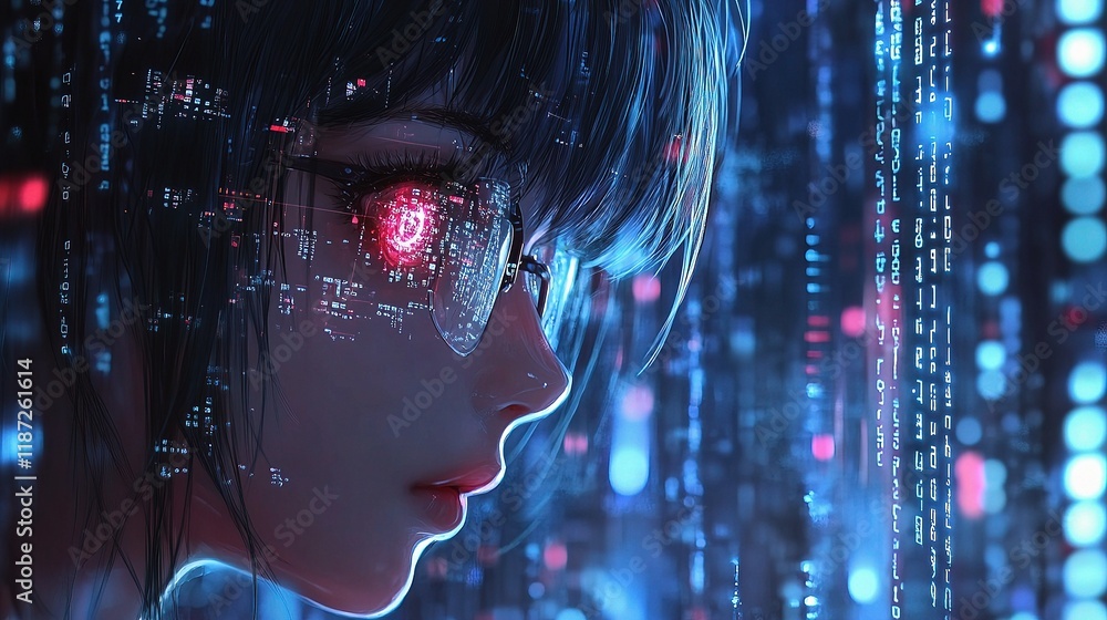 Poster futuristic female character with data visualization background