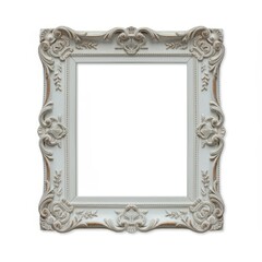 Ornate white picture frame, Baroque style, Intricate floral carvings, Rococo design, Empty black center, Square shape, High contrast, Detailed relief work, Symmetrical pattern, Antique appearance, Dec