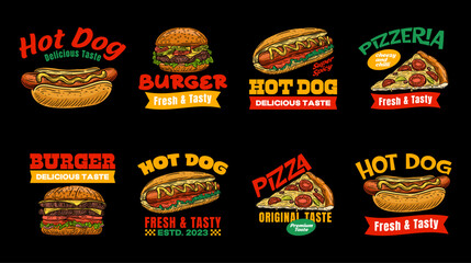 Obraz premium Set of fast-food restaurant labels and logos. Vector vintage fast food logos set. Retro eating signs collection. Burger, hot dog and pizza logo vector template