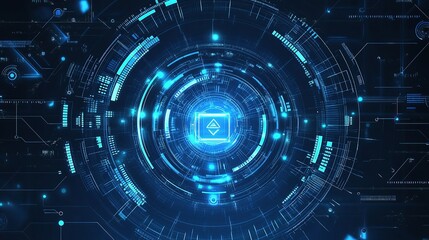 Futuristic Abstract Blue Halftone Circles with Digital Lines
