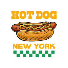 Hot dog logo design template isolated. Retro hot dog logo vector. Hand drawn vintage Hot dog emblem