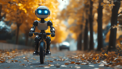 A whimsical sight: a robot, with its gleaming white head and glowing blue eyes, takes a leisurely bike ride through a park blanketed in autumn foliage.