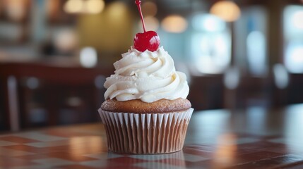 A cupcake topped with a fluffy swirl of whipped cream is beautifully finished with a vibrant red cherry, creating an irresistible treat.