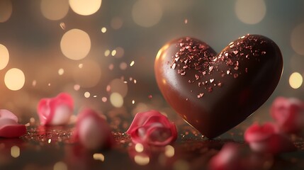 Fototapeta premium Elegant heart-shaped chocolate with a sprinkle of roses on a luxurious background