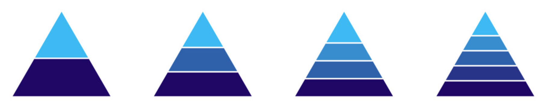 Pyramid infographic blue set. Triangle hierarchy data segments collection on white background. Pyramid for infographic of process.  pyramid chart infographic flat vector diagram presentation.