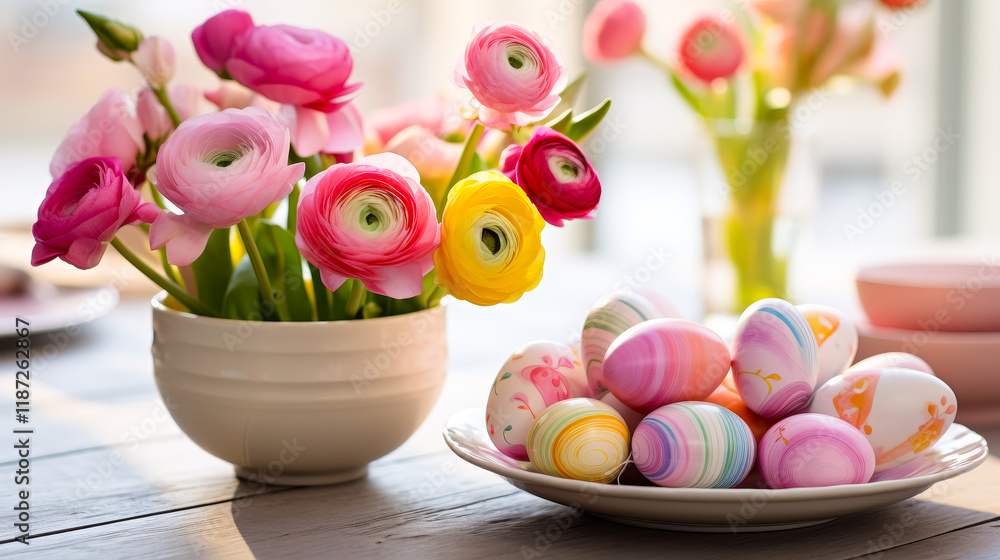 Poster vibrant flowers and colorful easter eggs create a festive spring atmosphere in a bright indoor setti