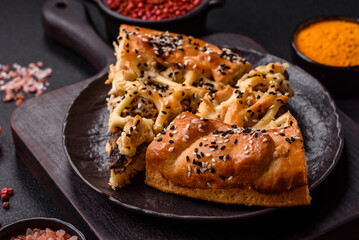 French quiche with chicken or salmon, cheese, salt, spices and herbs