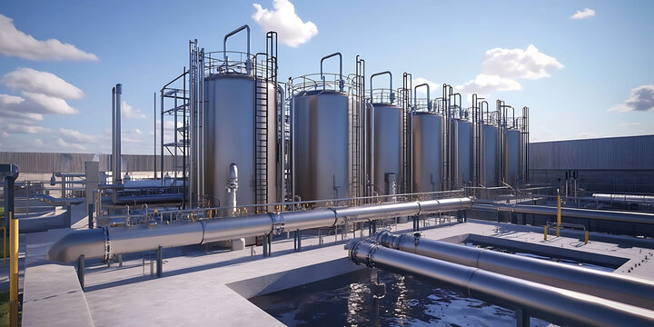 A sprawling industrial plant with pipelines extending across a vast area under blue skies. hydrogen Ho2 tanks
