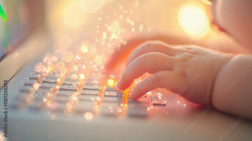 Poster Close Up View of Fingers Typing on a Computer Keyboard with Light
