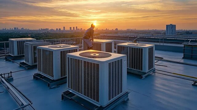 An Asian maintenance engineer is shown on the industrial top. Contractor examines plans and the compressor system. installing air conditioning systems in buildings
