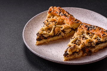 French quiche with chicken or salmon, cheese, salt, spices and herbs