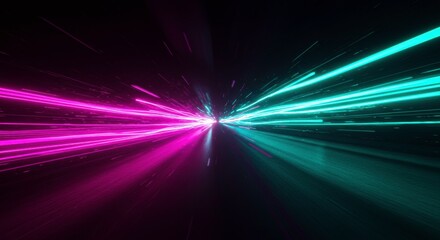 Neon Tunnel: Capturing the dynamic convergence of vibrant neon streaks that lead the viewer toward a point of light, the futuristic image evokes a sense of speed, energy and technological advancement.