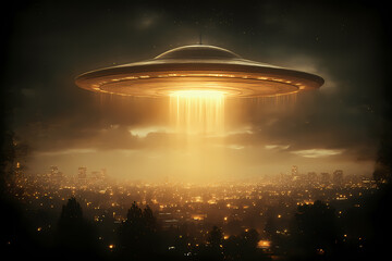 Sepia-toned photograph of a UFO in a vintage sky, evoking mystery and nostalgia, perfect for retro, sci-fi, or historical-themed projects