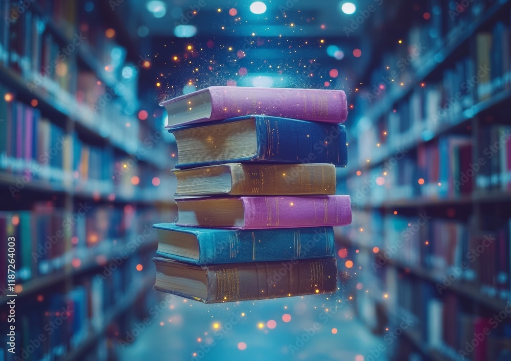 Aufkleber Surreal Floating Book Stack with Glowing Edges in a Dreamy Library Setting