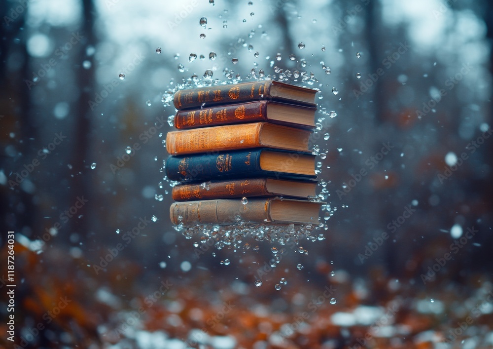 Fototapete surreal floating books with glowing edges in a blurred winter library setting