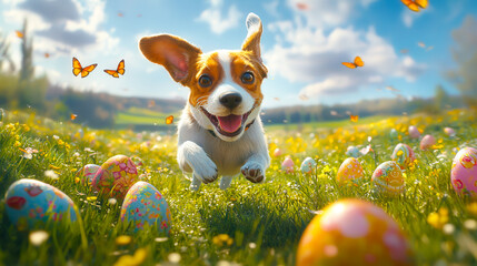 Happy dog running in a field of colorful Easter eggs and butterflies on a sunny spring day