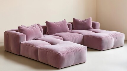 Modern sofa in dusty lavender with a minimalist design and deep cushions 
