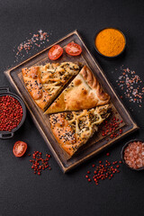 French quiche with chicken or salmon, cheese, salt, spices and herbs