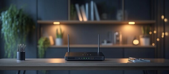 Modern Wireless Router on a Desk in a Cozy Home Office