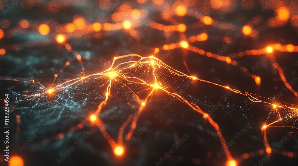 Poster abstract glowing nodes in network with lines and connections