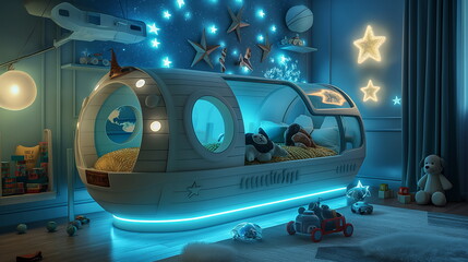 A childs bed in the shape of a ship surrounded by _004
