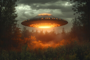 Obraz premium Sepia-toned photograph of a UFO in a vintage sky, evoking mystery and nostalgia, perfect for retro, sci-fi, or historical-themed projects