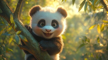 Adorable baby panda clinging to tree branch.