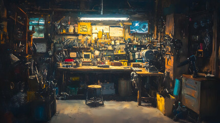 Busy nighttime workshop illuminated by the glow of the Northern Lights