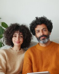 Couple Enjoys Digital Entertainment with a Tablet, Modern Living Room Browsing Digital Entertainment Experience