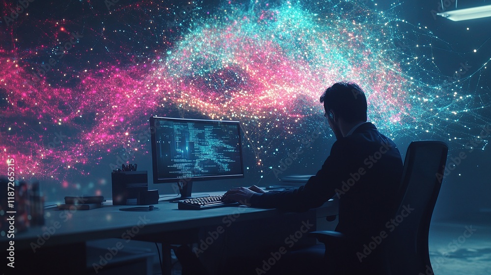 Poster professional at computer with colorful digital network background