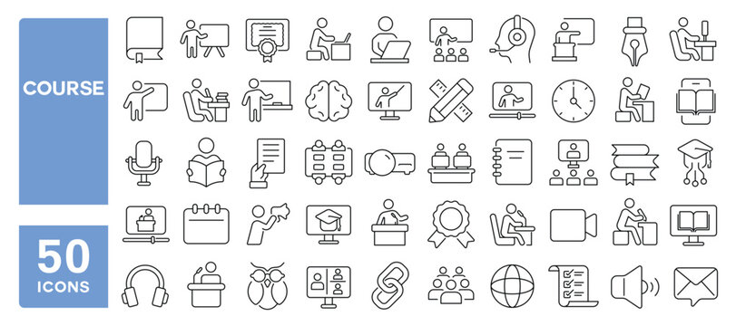 Set of 50 line icons related to course, learn, education, online, training, workshop, book, video, study, lesson, Editable stroke. Vector illustration