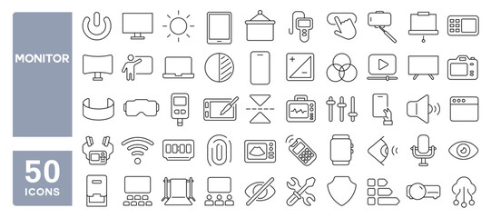 Set of 50 line icons related to monitor, device, screen, smart, computer, tv, camera, electronic, show, view, display, Editable stroke. Vector illustration