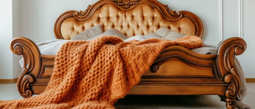 A classic wooden bed with a curved carved headboar_012