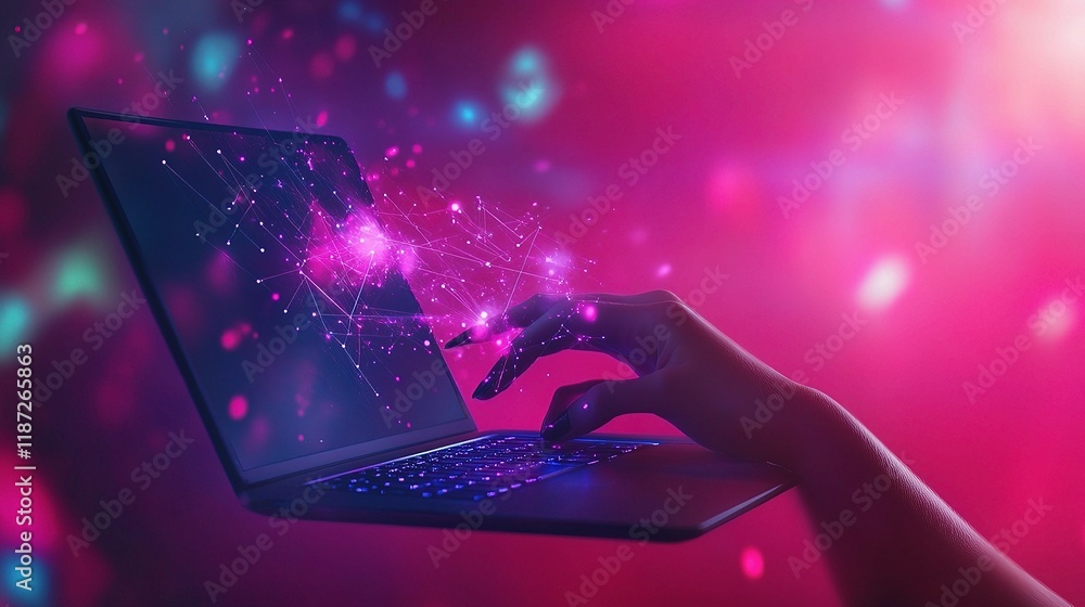 Poster hand reaching towards laptop displaying cloud network visualization