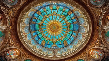 Obraz premium Grand stained glass dome ceiling in ornate building interior.