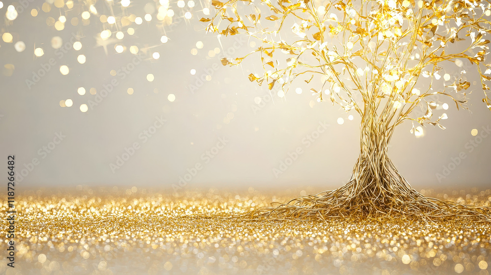 Poster Golden tree with sparkling leaves and glowing roots in an enchanting, illuminated setting during a magical event