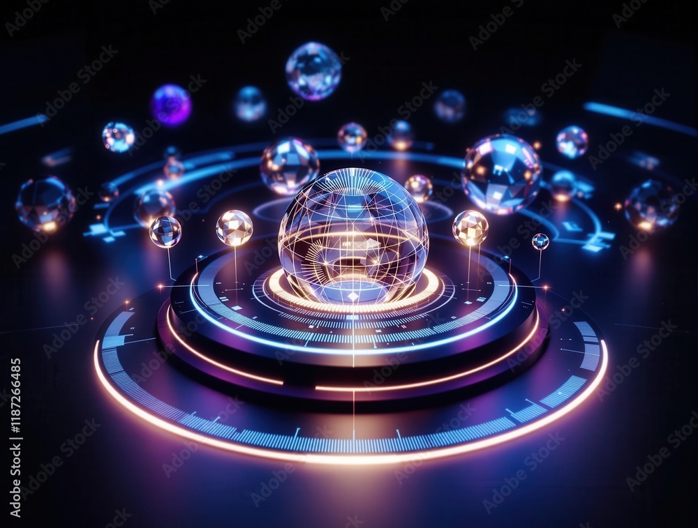 Poster futuristic digital sphere with holographic display and floating bubbles in neon light